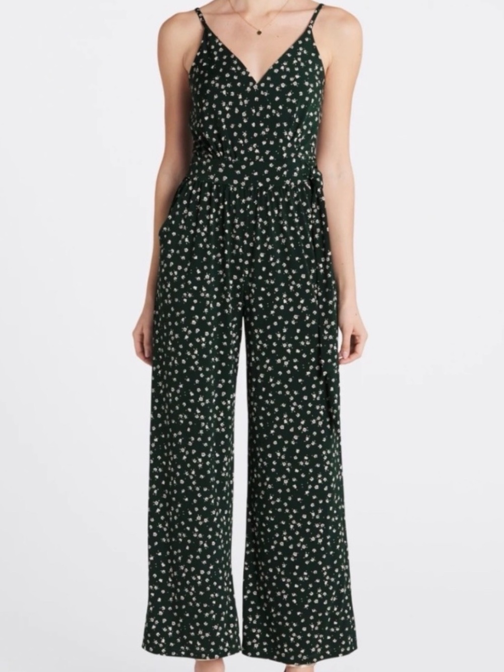 Rochelle Ditsy Floral Wide Leg Forest Green Faux Wrap Sleeveless Jumpsuit